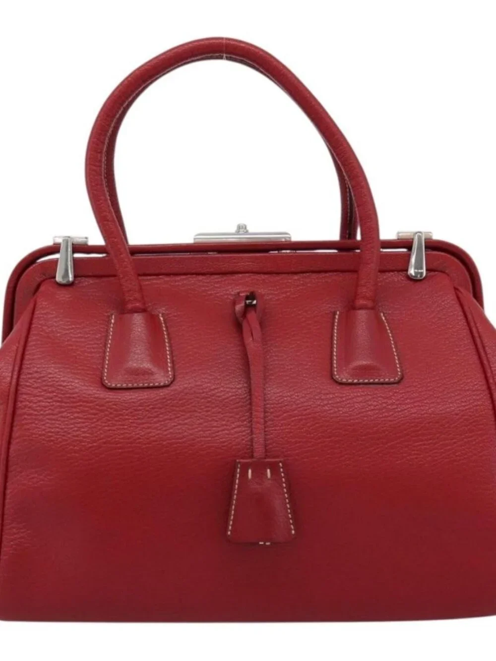 PRADA Hand Bag Leather Red Silver Auth